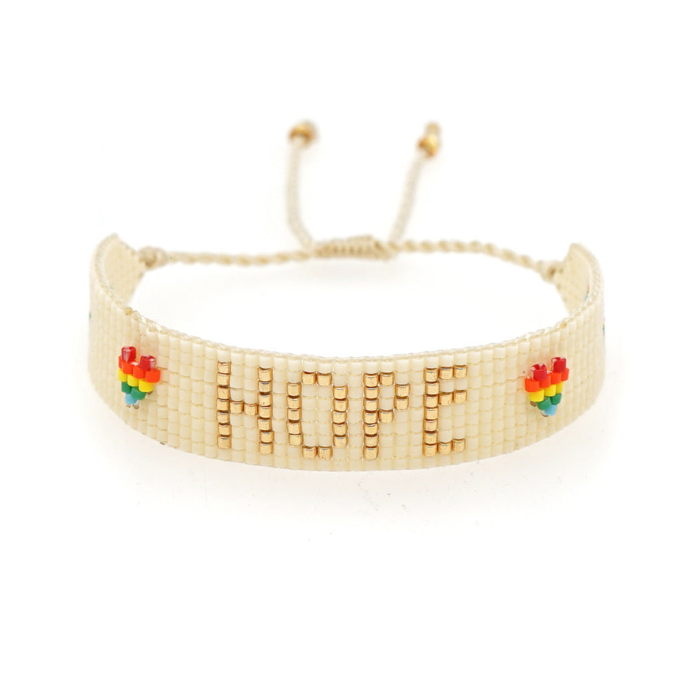boho heart friendship bracelet – handmade woven seed bead hope rainbow letter bracelet | adjustable bohemian jewelry