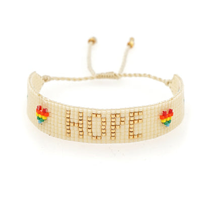 Boho Heart Friendship Bracelet – Handmade Woven Seed Bead HOPE Rainbow Letter Bracelet | Adjustable Bohemian Jewelry