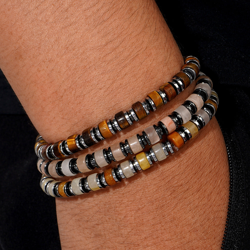 men's tiger eye & black agate natural stone beaded bracelet – simple vintage wristband - star8s