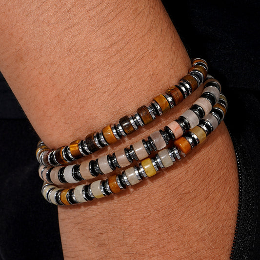 Men's Tiger Eye & Black Agate Natural Stone Beaded Bracelet – Simple Vintage Wristband - STAR8S