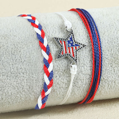 4th of July Patriotic Bracelets Set Red White and Blue Independence Day Braided Rope Bracelets Pack Memorial Day American Flag Star Charm Woven String Stackable Jewelry Gift for Women Men 5Pcs
