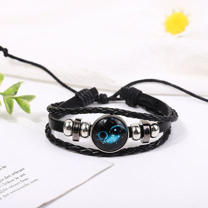 Zodiac Signs Leather Bracelet - Luminous Design, Vintage Style, Unisex Adjustable Bracelet for Couples - STAR8S