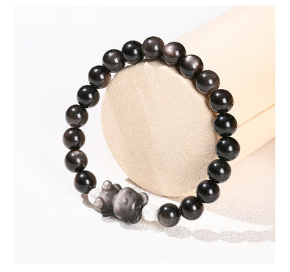 Silver Obsidian Bear Bracelet – Minimalist Black Gemstone Beaded Bracelet for Men & Women - STAR8S