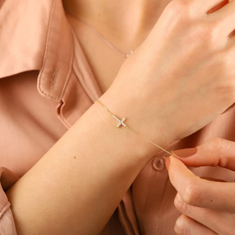 gold-tone cross brass bracelet for women dainty sideways cross chain bracelet sparkly cubic zirconia faith charm jewelry gift adjustable lobster clasp