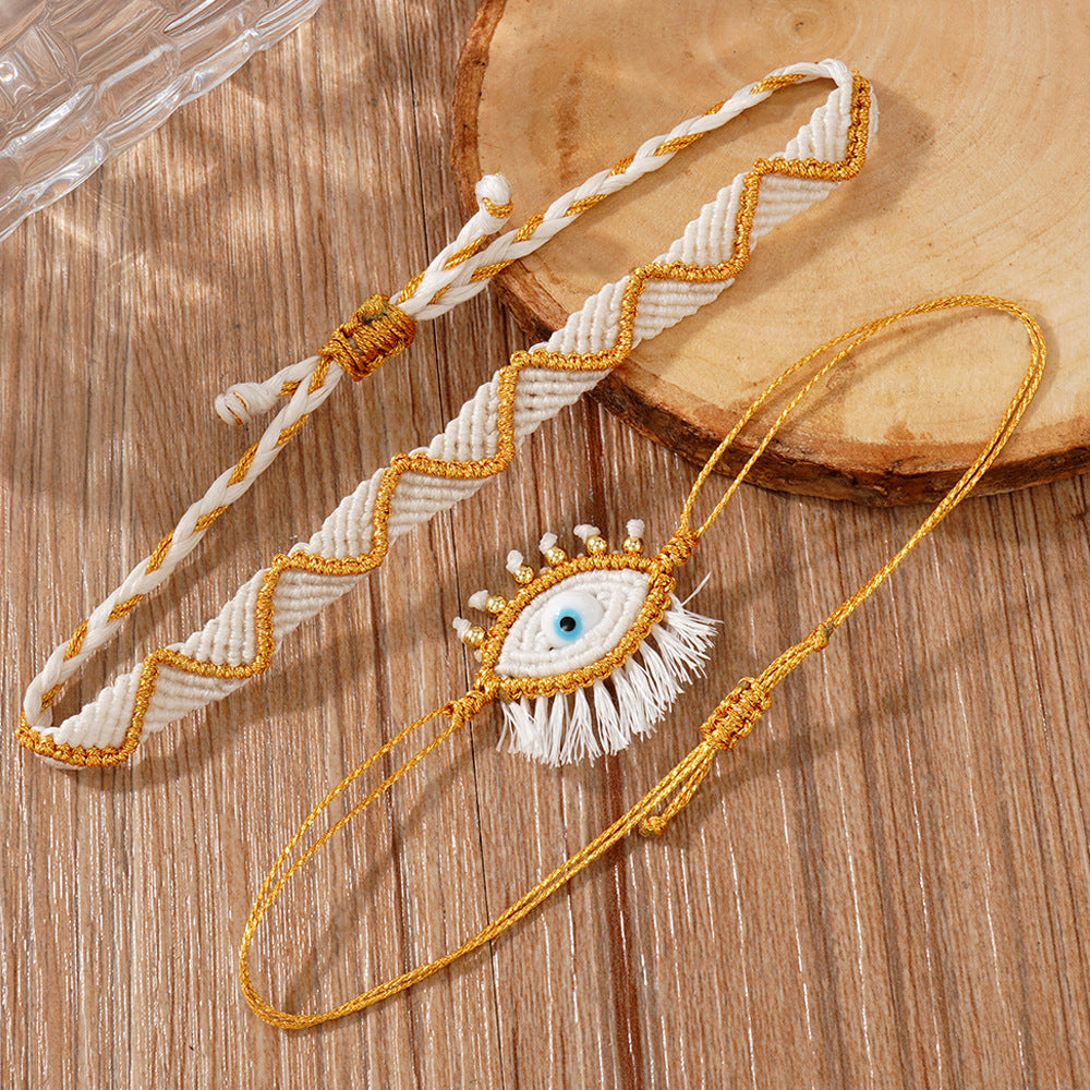 handmade woven evil eye bracelet set for women men boho macrame protection talisman gold metallic thread cream white braided rope cord adjust string set of 2