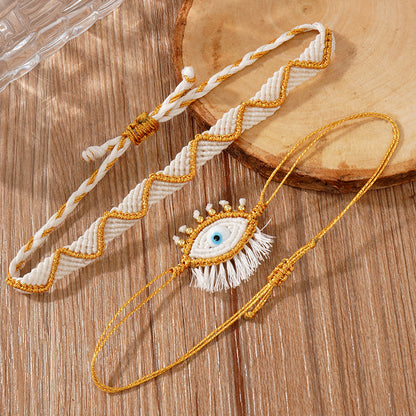Handmade Woven Evil Eye Bracelet Set for Women Men Boho Macrame Protection Talisman Gold Metallic Thread Cream White Braided Rope Cord Adjust String Set of 2