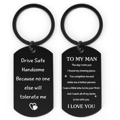 Funny Romantic Engraved Dog Tag Keychain for Men Husband Boyfriend Stainless Steel Black Double Sided Inscription Card Key Ring Drive Safe Handsome Sarcastic Sibling Gag Gift Anniversary Birthday 17g