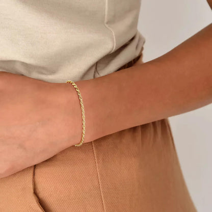 Twisted Rope Chain Bracelet for Women, Gold-Tone Electroplated Brass, 6.5 Inch Chain with 1.5 Inch Extender and Lobster Clasp, Slim 0.1 Inch Width, Minimalist Wrist Jewelry for Everyday Outfits, Layering, Workwear, Birthdays and Anniversary Gift Givi
