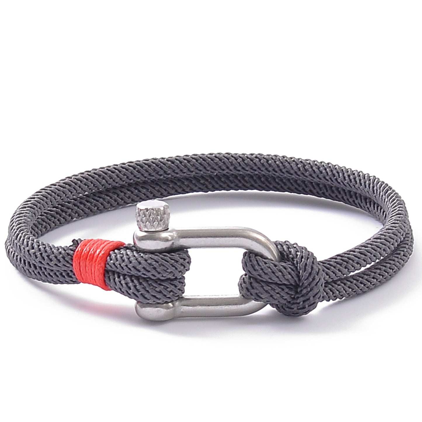 stainless steel shackle rope bracelet for men, u-shaped screw clasp, gray red unisex outdoor couple wristband