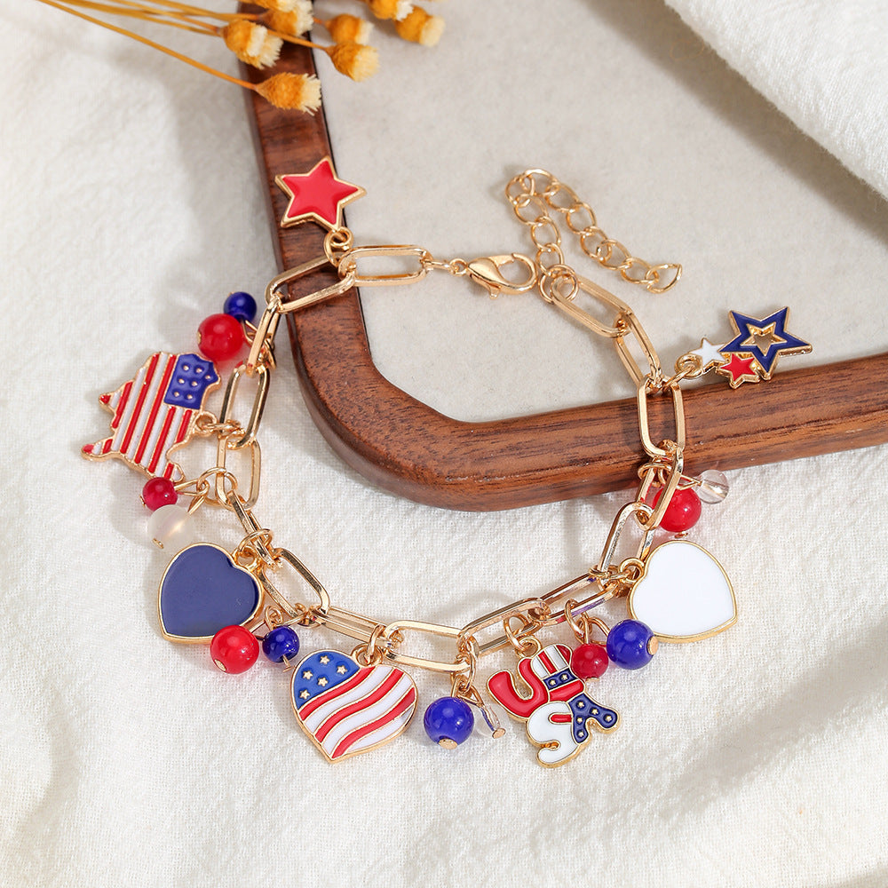 patriotic usa flag charm bracelet for women teen girls 4th of july jewelry memorial day independence day gifts red white and blue enamel star heart olympic sports fan link chain bracelet
