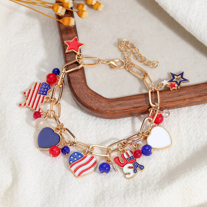 Patriotic USA Flag Charm Bracelet for Women Teen Girls 4th of July Jewelry Memorial Day Independence Day Gifts Red White and Blue Enamel Star Heart Olympic Sports Fan Link Chain Bracelet
