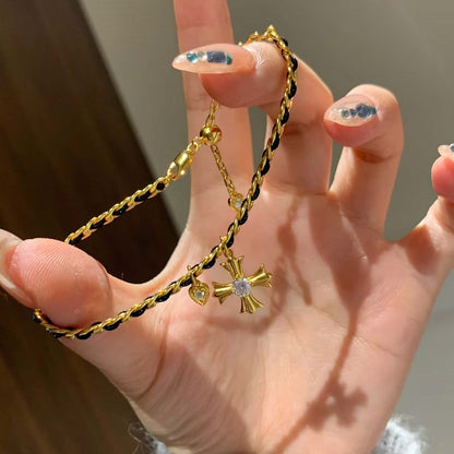 Gold Tone Cross Woven Chain Bracelet for Women Interwoven Black Thread Braided Cord Gothic Cross Charm Bracelet Adjustable Luxury Aesthetic Fashion Jewelry Gift