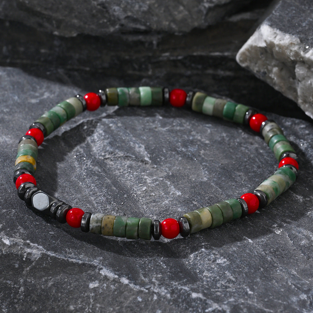 Boho Men's Bracelet - Natural Stone Beaded Cylinder Style Wristband - STAR8S