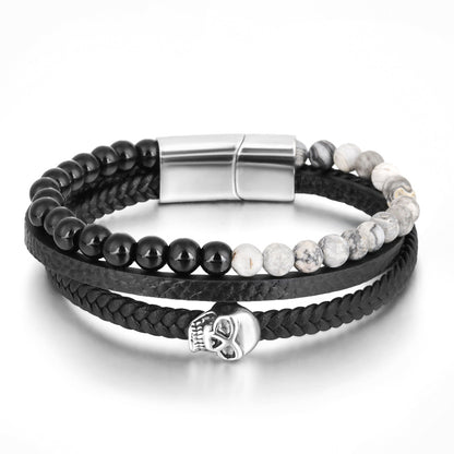 Men’s Stainless Steel Bracelet – Leather & Tiger’s Eye Beads with Skull Charm - STAR8S