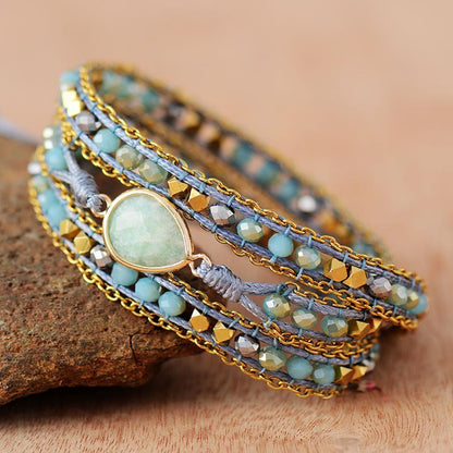 Amazonite Boho Wrap Leather Bracelet – Handmade Multi Layer Crystal Beaded Bracelet - STAR8S
