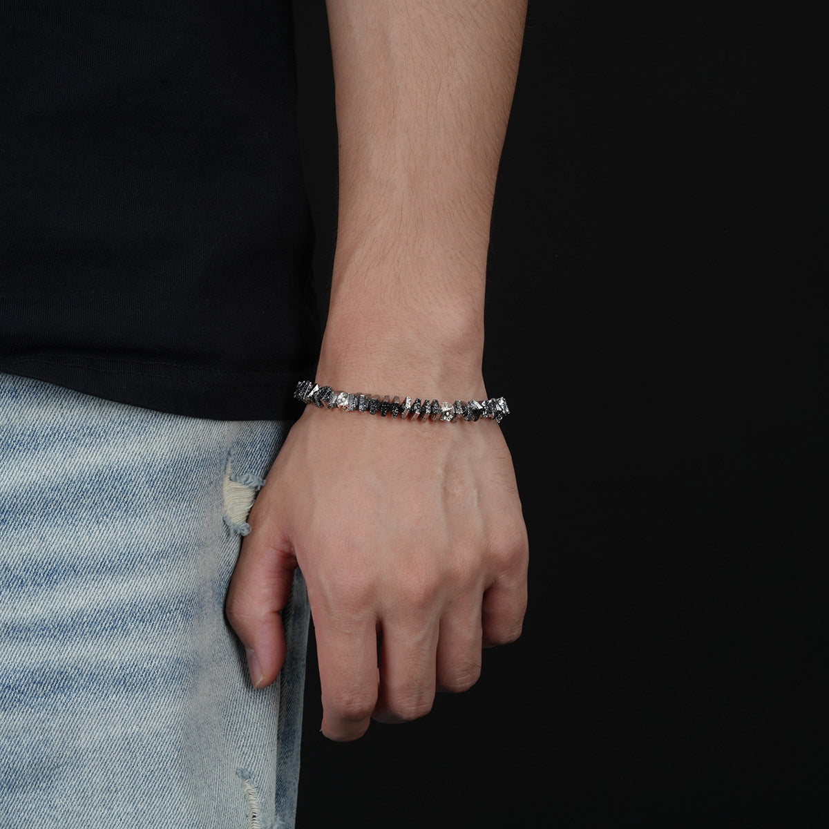 men's square lava stone beaded bracelet with silver-tone accents and adjustable extender