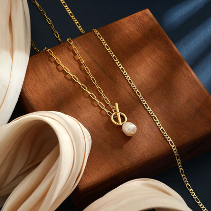 Gold-Tone Layered Necklace for Women, Multi Strand Figaro Snake Chain Paperclip Choker with OT Toggle Pearl Pendant, Trendy Aesthetic Dainty Chunky Stacking Jewelry Gift