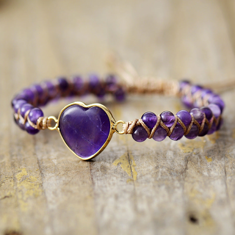amethyst adjustable heart braided bracelet for women – handmade natural stone beaded macrame jewelry - star8s