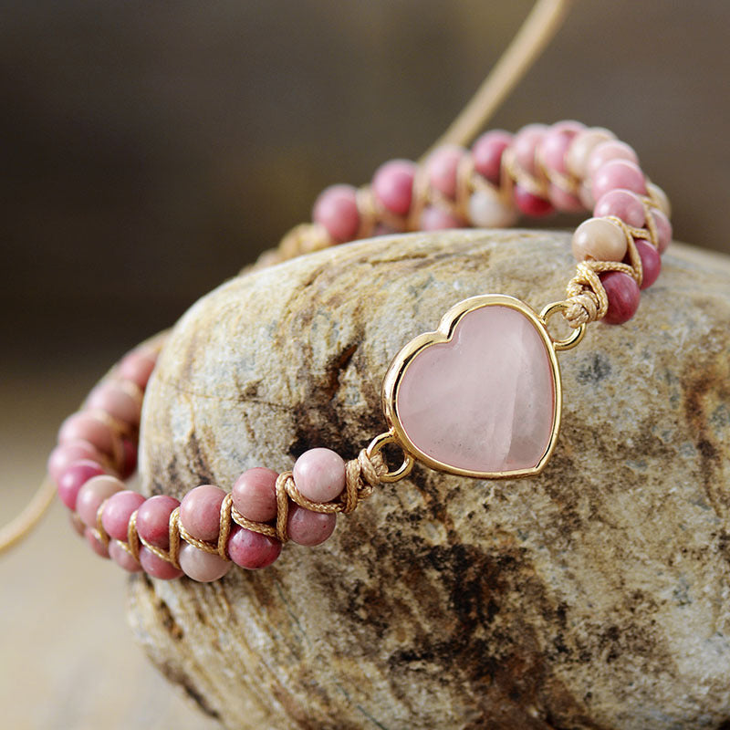 double layer heart braided bracelet with rose quartz, turquoise & picture stone – handmade adjustable bracelet - star8s
