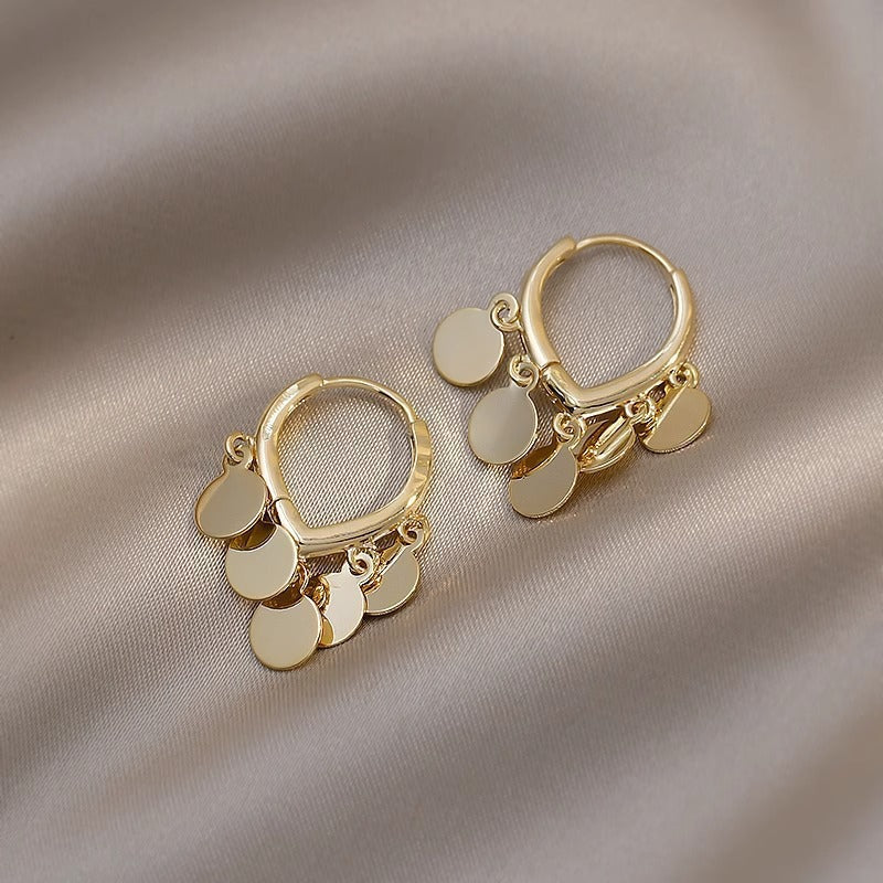 lightweight gold plated shimmering disc tassel hoop earrings gentle movement dainty dangle huggies comfortable everyday statement ear rings for sensitive ears