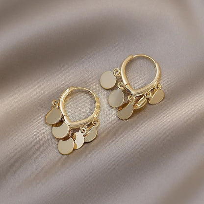 Lightweight Gold Plated Shimmering Disc Tassel Hoop Earrings Gentle Movement Dainty Dangle Huggies Comfortable Everyday Statement Ear Rings for Sensitive Ears