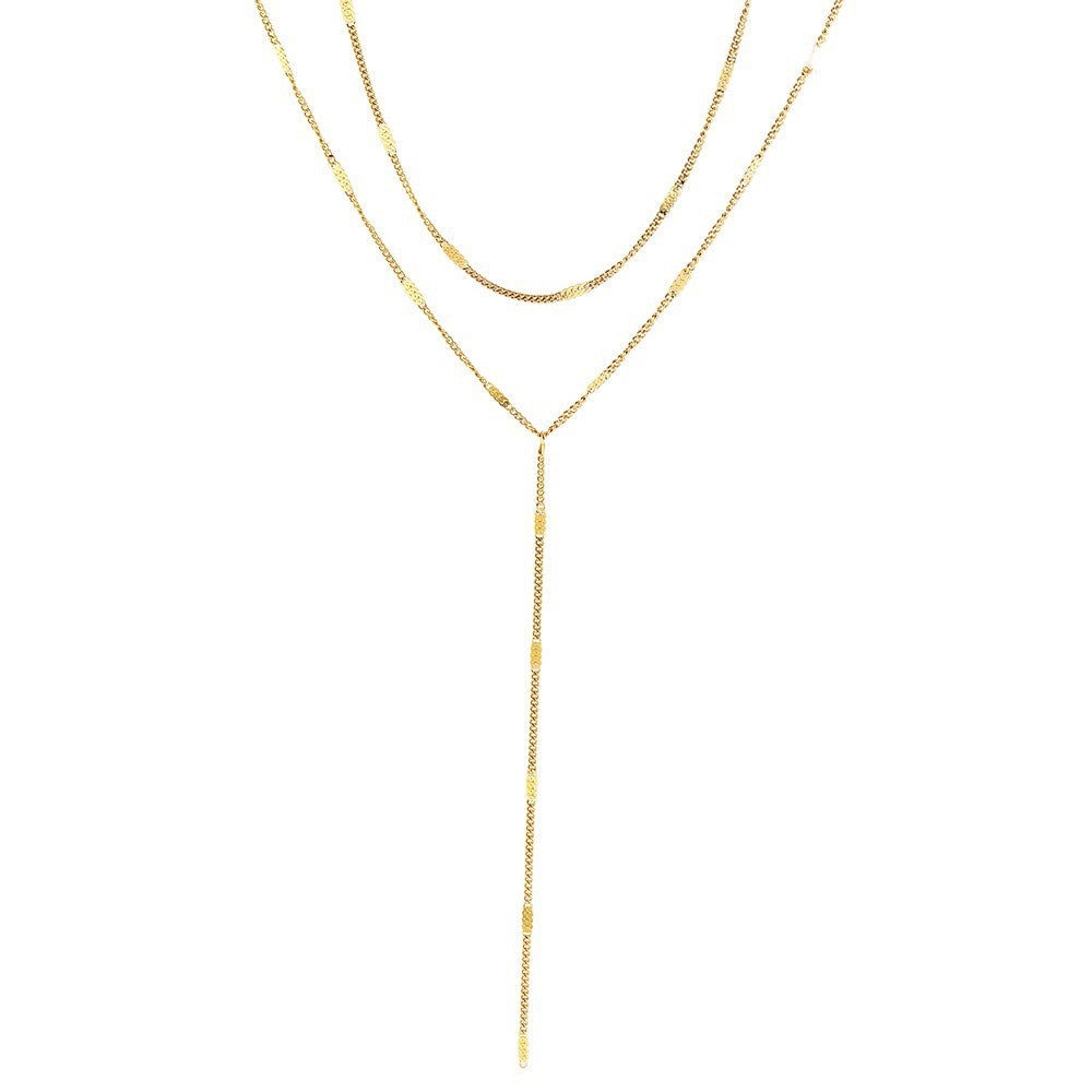 stainless steel layered y necklace for women gold tone double strand lariat necklace dainty lip chain textured bar tassel pendant sexy cleavage choker body jewelry gift
