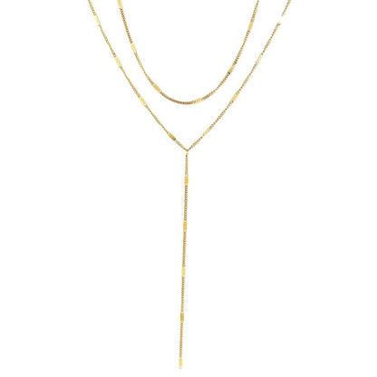 Stainless Steel Layered Y Necklace for Women Gold Tone Double Strand Lariat Necklace Dainty Lip Chain Textured Bar Tassel Pendant Sexy Cleavage Choker Body Jewelry Gift