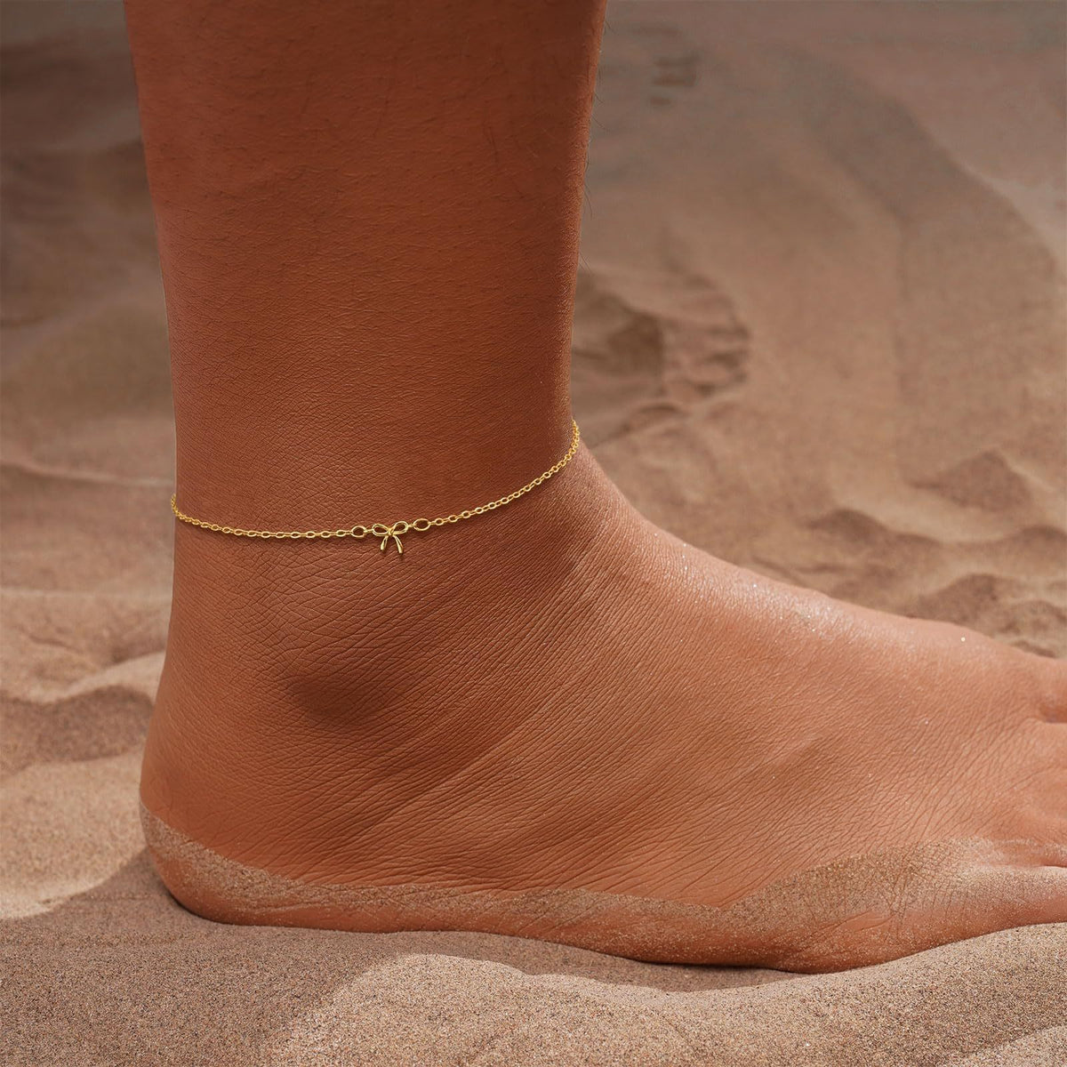 gold-plated brass bow anklet for women, dainty adjustable charm ankle bracelet, coquette summer beach foot jewelry