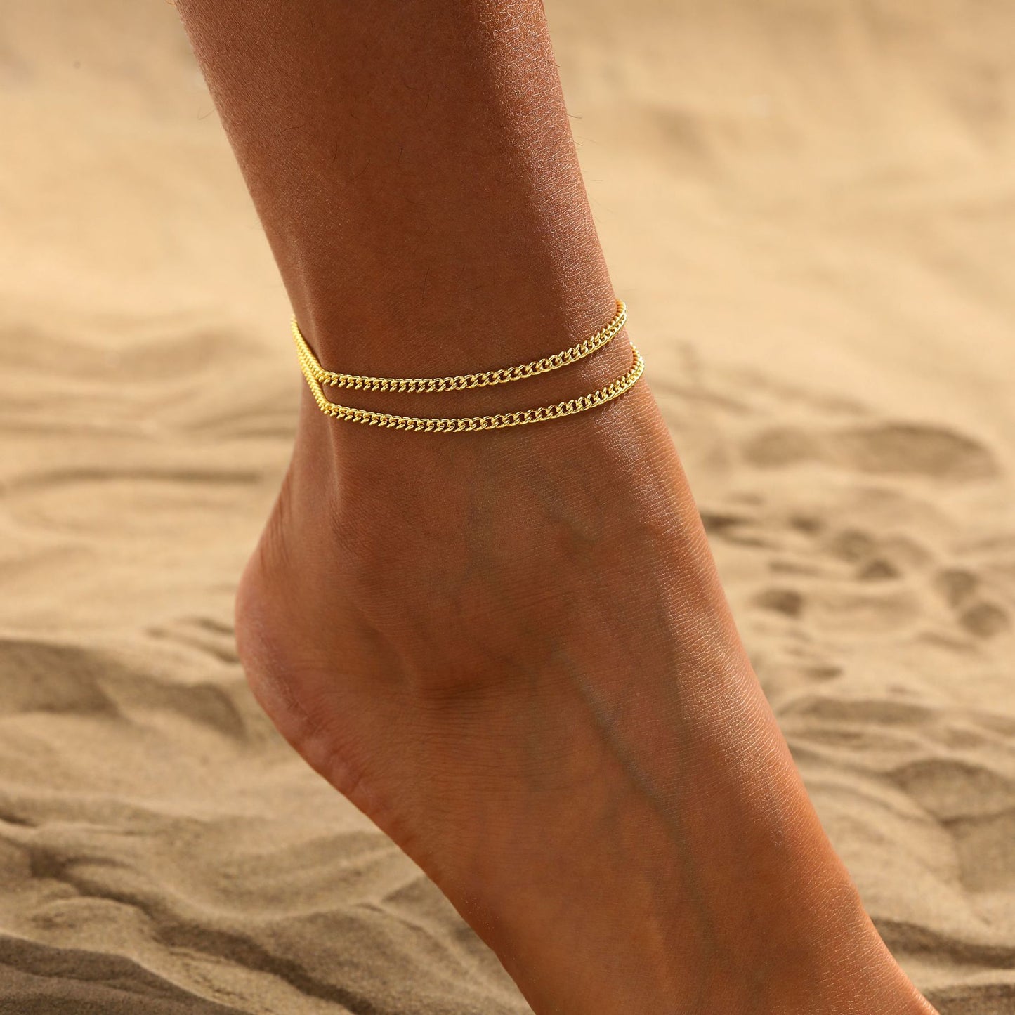 double layer cuban link anklet for women gold-tone curb chain ankle bracelet adjustable waterproof foot jewelry beach vacation accessories gift