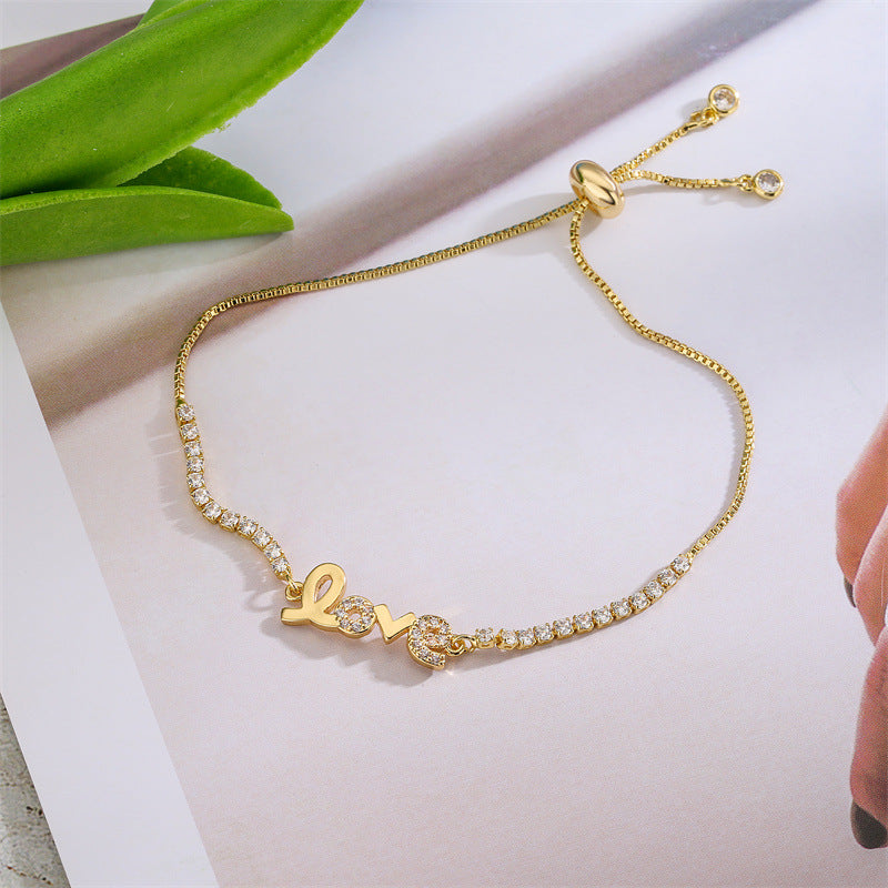 sparkling premium cubic zirconia love script nameplate bracelet tarnish resistant base skin safe hypoallergenic adjustable pull string comfort fit evening wear gift