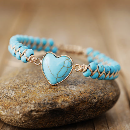 Double Layer Heart Braided Bracelet with Rose Quartz, Turquoise & Picture Stone – Handmade Adjustable Bracelet - STAR8S