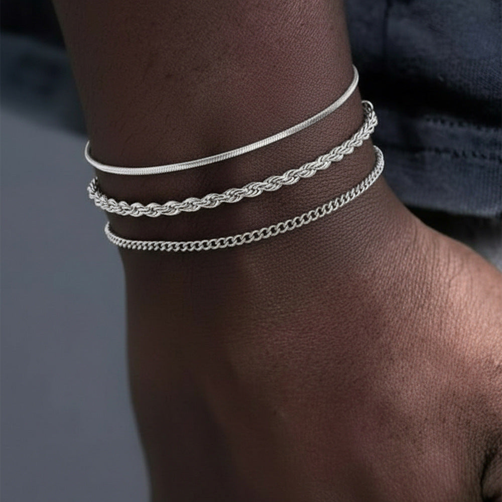 3pcs silver layered chain bracelet set for women stainless steel herringbone snake chain twisted rope chain classic curb link minimalist stackable wristband bundle trendy costume jewelry sets gift for her anniversary
