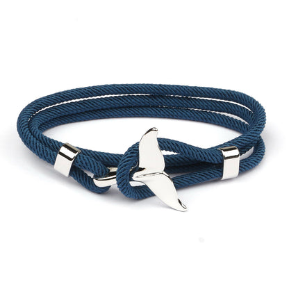 Navy Whale Tail Wrap Bracelet, Electroplated Alloy and Braided Milan Cord, Adjustable Ocean-Inspired Couple Bracelet