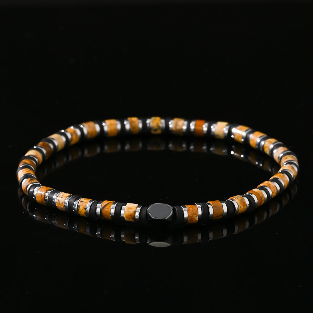 Beaded Men Bracelet – Fashionable Tiger Eye & Hematite Stone Cylindrical Bead Wristband - STAR8S