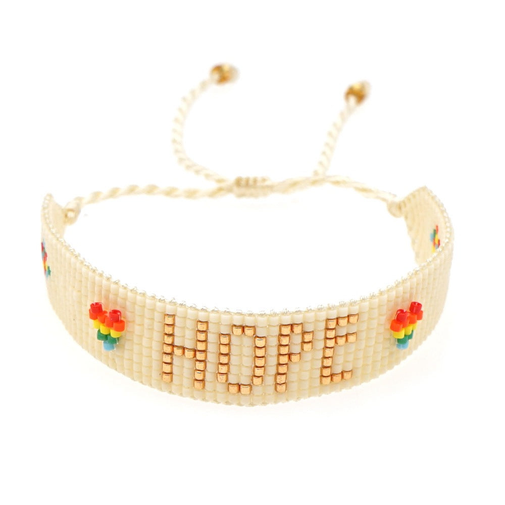 boho heart friendship bracelet – handmade woven seed bead hope rainbow letter bracelet | adjustable bohemian jewelry