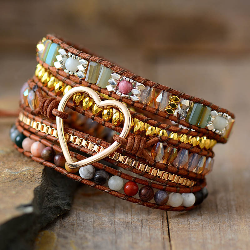 Mixed Stone Heart Boho Wrap Bracelet for Women – Handmade Multi Layer Braided Leather Bracelet - STAR8S