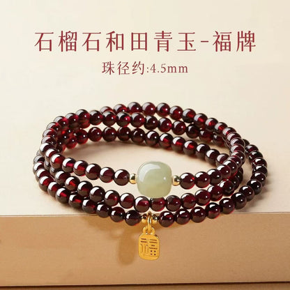 Garnet Jade Beaded Bracelet for Women | Vintage Design with White Jade & Golden Charm - STAR8S