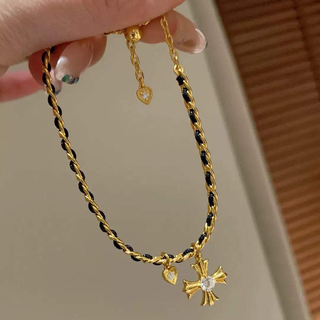 gold tone cross woven chain bracelet for women interwoven black thread braided cord gothic cross charm bracelet adjustable luxury aesthetic fashion jewelry gift