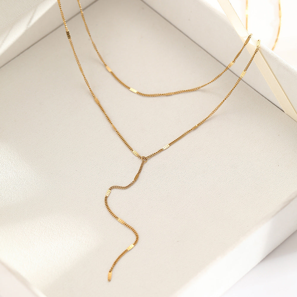 stainless steel layered y necklace for women gold tone double strand lariat necklace dainty lip chain textured bar tassel pendant sexy cleavage choker body jewelry gift