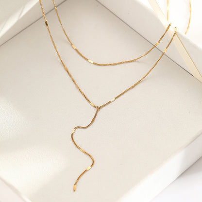 Stainless Steel Layered Y Necklace for Women Gold Tone Double Strand Lariat Necklace Dainty Lip Chain Textured Bar Tassel Pendant Sexy Cleavage Choker Body Jewelry Gift