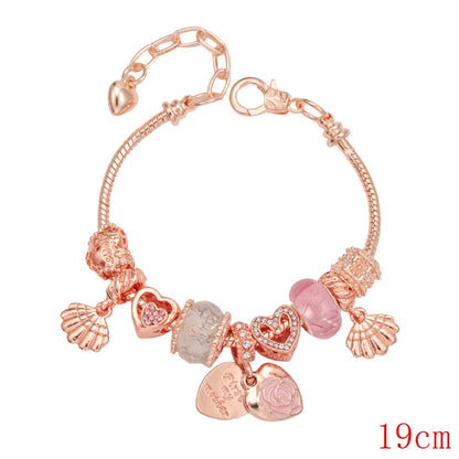 Rose Charm Bracelet for Women Teen Girls Sweet Rose Flower Heart Pendant Bangle Layering Beaded Chain Bracelet Valentine's Day Birthday Romantic Jewelry Gift for Her