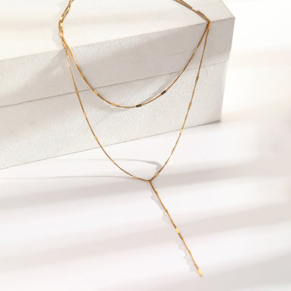Stainless Steel Layered Y Necklace for Women Gold Tone Double Strand Lariat Necklace Dainty Lip Chain Textured Bar Tassel Pendant Sexy Cleavage Choker Body Jewelry Gift