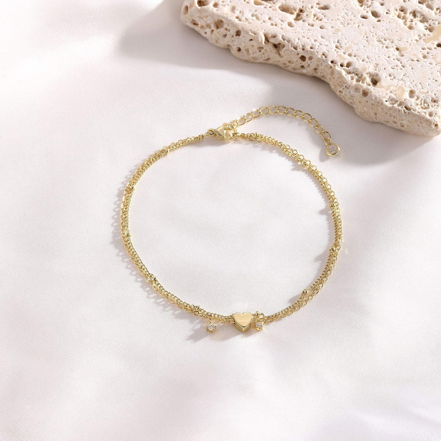 gold-tone double-layer heart anklet for women, electroplated brass adjustable zircon charm ankle bracelet, dainty summer foot jewelry