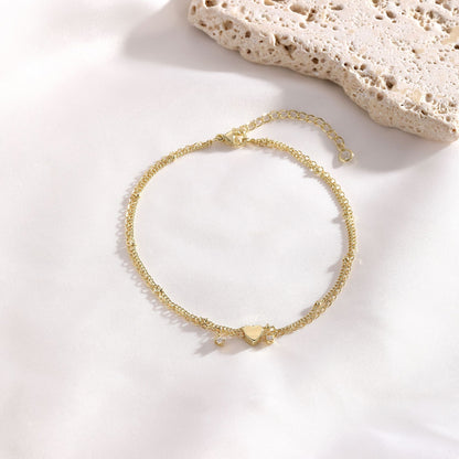 Gold-Tone Double-Layer Heart Anklet for Women, Electroplated Brass Adjustable Zircon Charm Ankle Bracelet, Dainty Summer Foot Jewelry