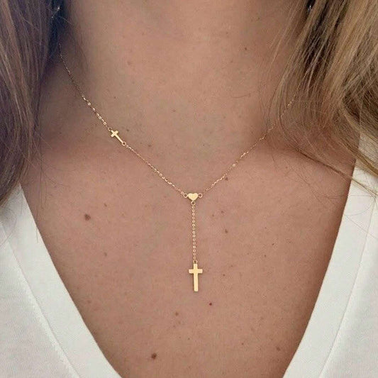 Gold-tone Lariat Necklace for Women Stainless Steel Open Heart Loop Y Necklace Sleek Vertical Drop Cross Pendant Dainty Choker Adjustable Layering Clavicle Chain Christian Faith Religious Amulet Trendy Ins Costume Jewelry Gift 19.29"