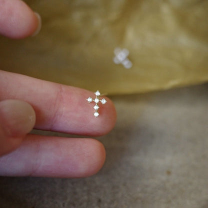 925 Sterling Silver 18K Gold Plated Sparkling Cross Stud Earrings - Zircon Mini Studs - STAR8S