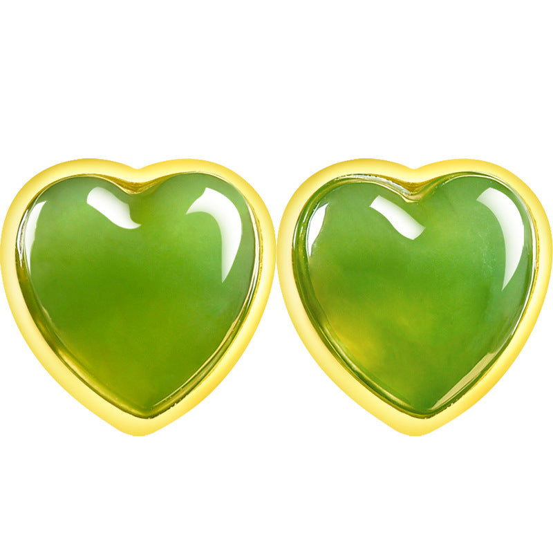 spinach green natural hetian jade heart earrings - s925 silver setting with minimalist design