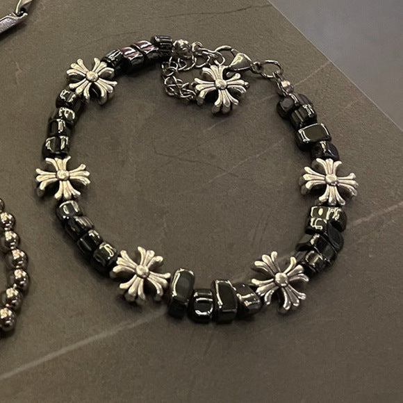 gothic cross beaded bracelet for men women natural black hematite stone irregular tumbled beads bracelet y2k hip hop punk rock wristband retro chrome floral crosses jewelry gif