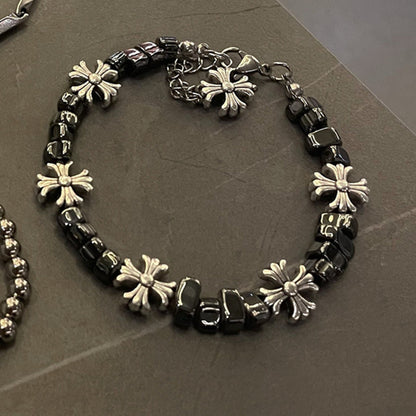Gothic Cross Beaded Bracelet for Men Women Natural Black Hematite Stone Irregular Tumbled Beads Bracelet Y2K Hip Hop Punk Rock Wristband Retro Chrome Floral Crosses Jewelry Gif
