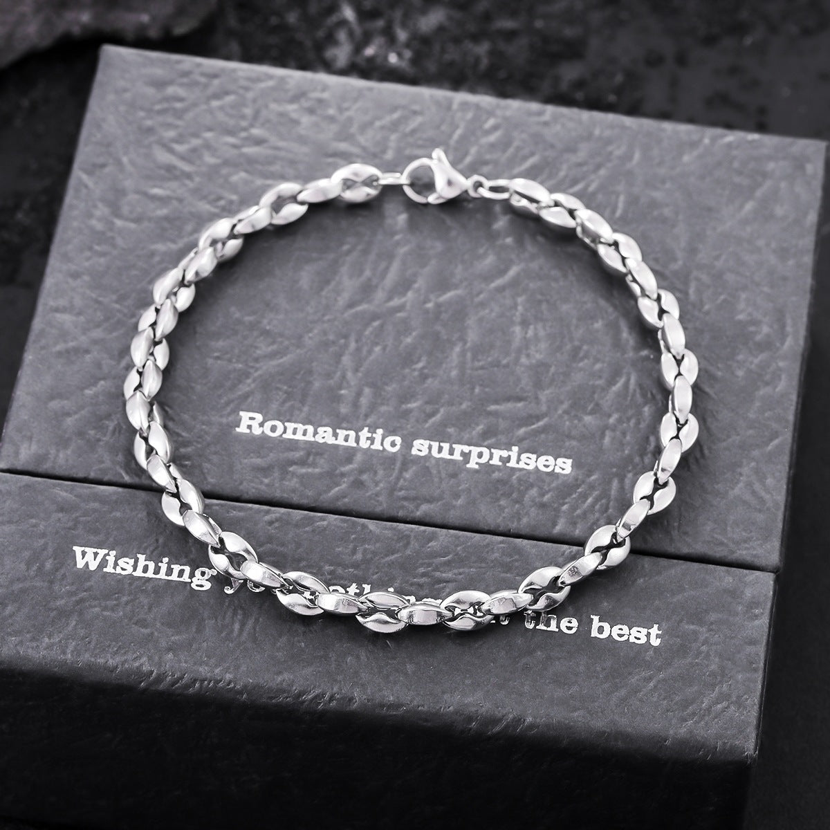 men titanium steel coffee bean chain bracelet non tarnish waterproof silver-tone stainless steel link wristband modern minimalist everyday jewelry gift for men husband boyfriend